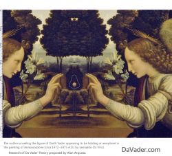 Outline image of Darth Vader in mirror painting Annunciation by Leonardo Da Vinci